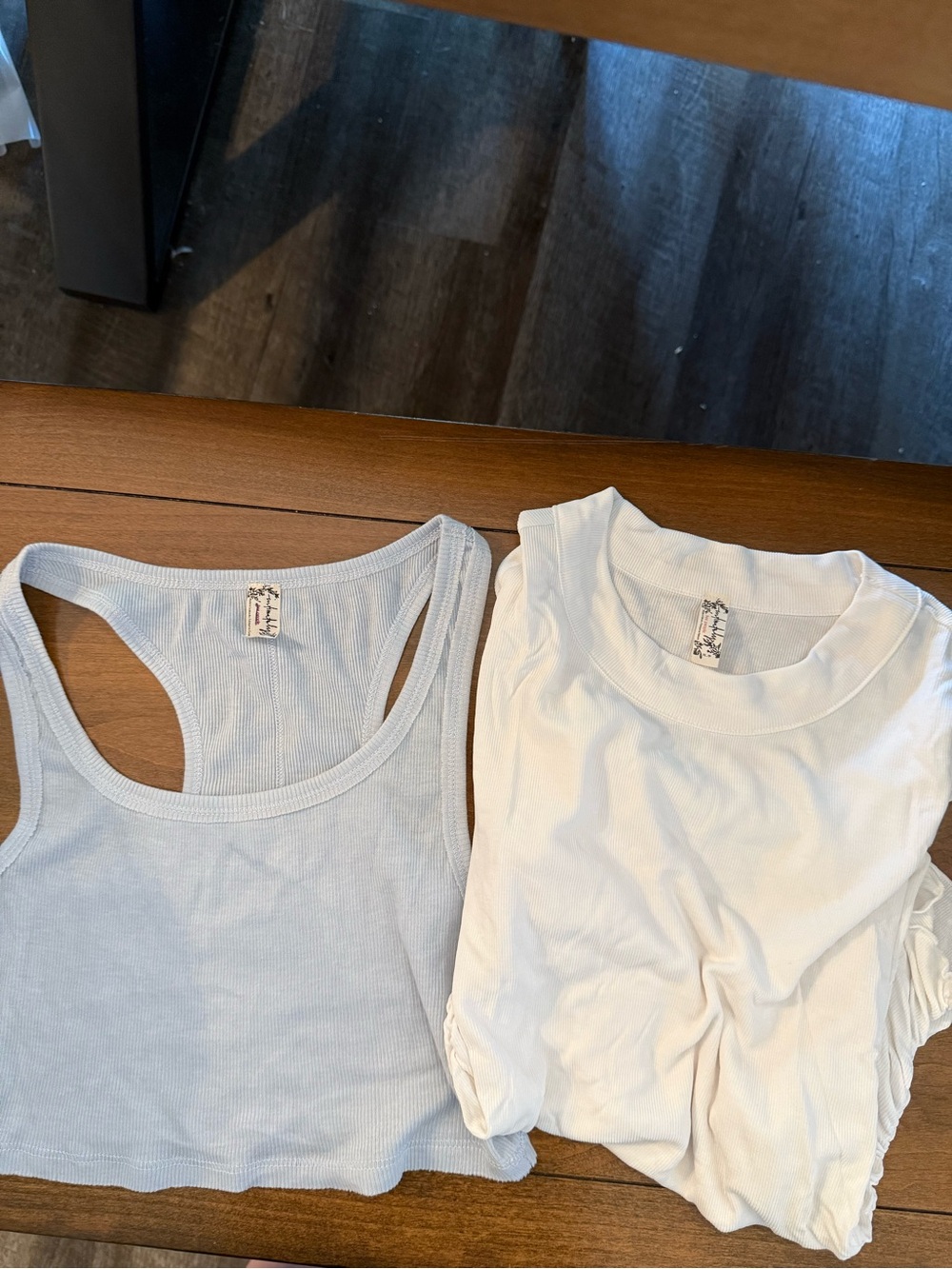 Free People Light Blue Ribbed Tank & White Short Sleeve Tee Set